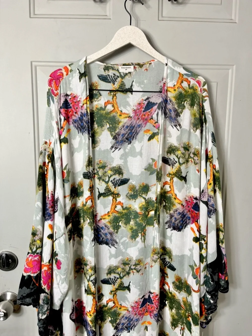 World Market Peacock Print Open Front Longline Kimono One Size - Picture 2 of 6